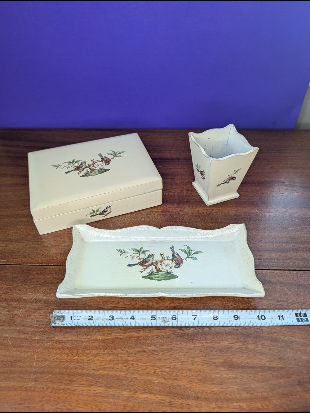 Vintage Italian Lacquered Wood 3-Piece Vanity Dresser Set Decoupage Bird Design